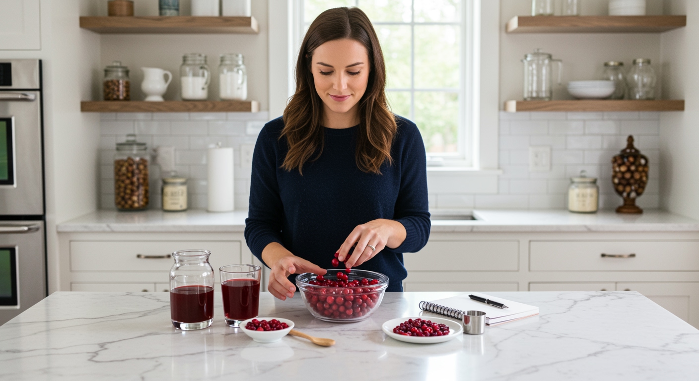 Woman pouring fresh cranberries into glass bowl on white marble countertop with cranberry juice and supplements arranged nearby