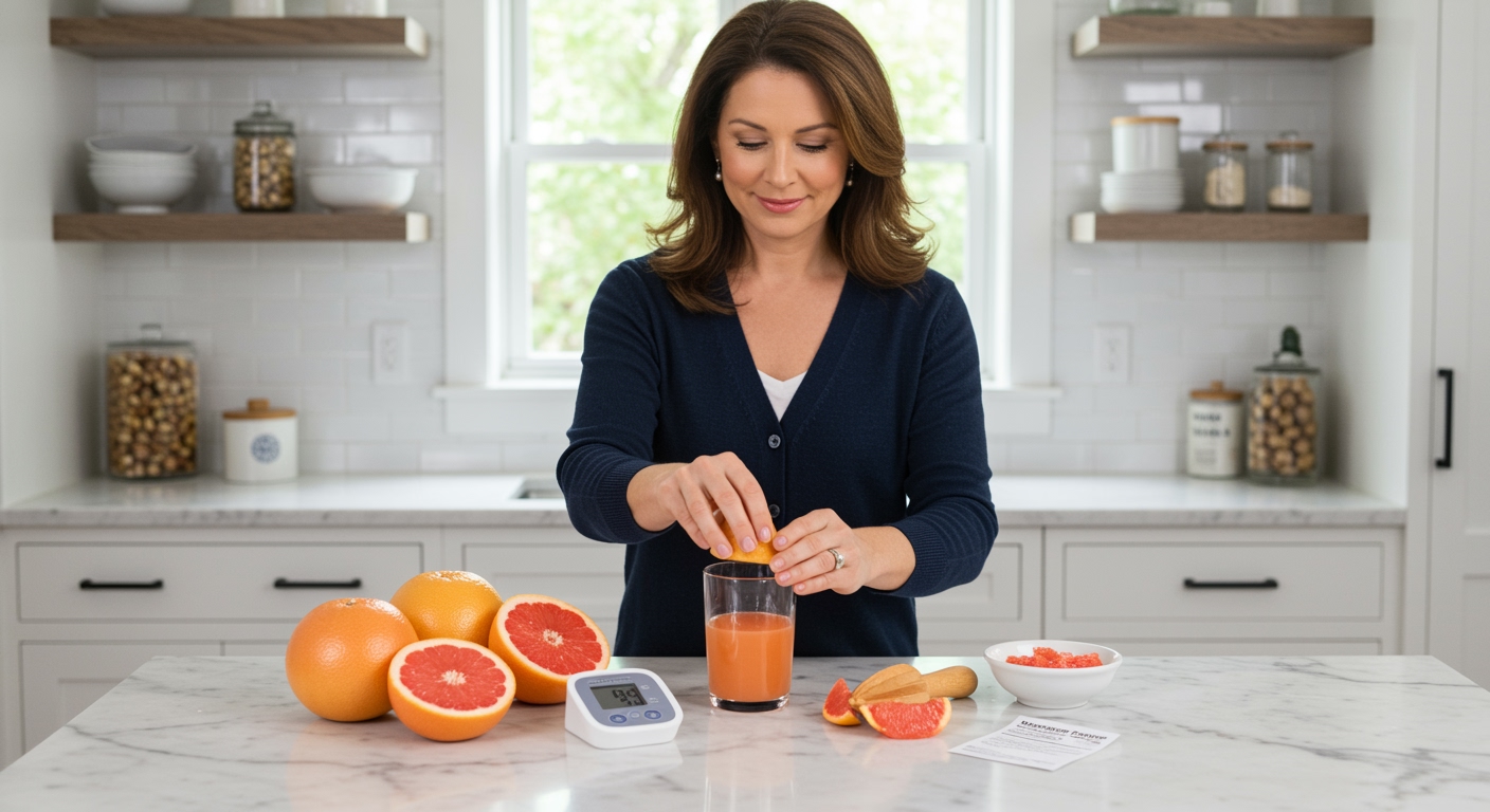 Woman squeezing grapefruit half over glass with blood pressure monitor and citrus fruits on white marble countertop in kitchen