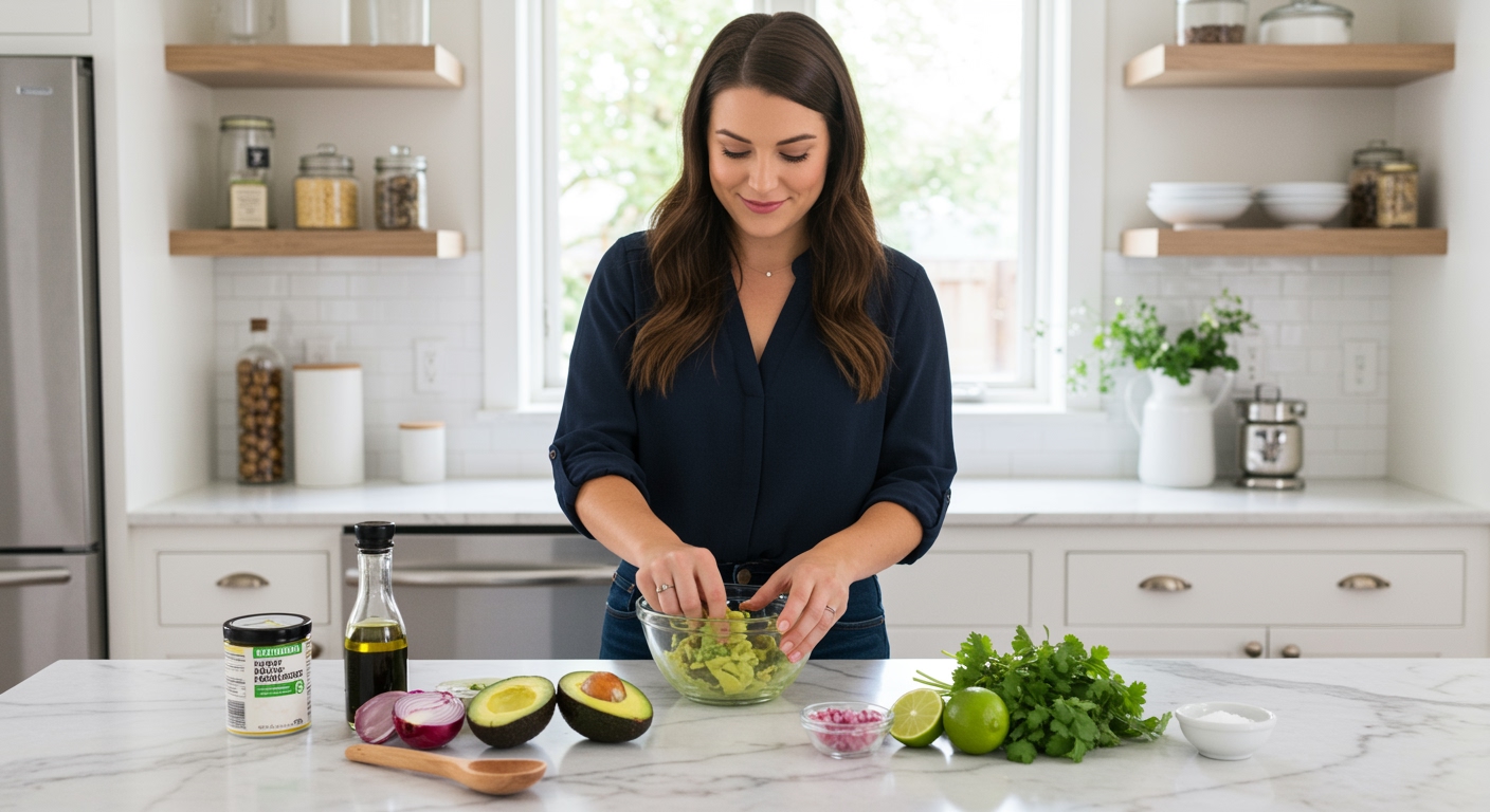 Woman mashing avocados in glass bowl on marble countertop with fresh ingredients including lime, cilantro, and onions visible