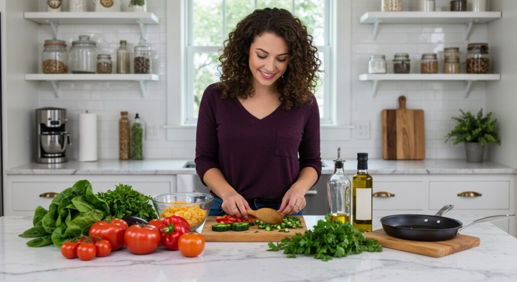 Young woman with curly hair in plum top smiling while preparing fresh vegetables and ingredients on white marble counter with cooking utensils