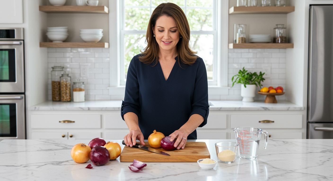 Middle-aged woman preparing fresh onions on marble countertop with cutting board and kitchen tools in bright modern kitchen
