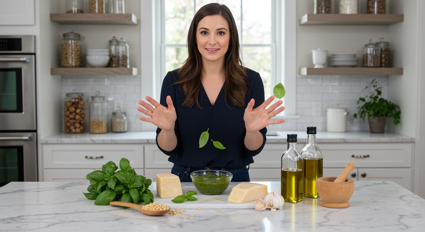 Woman holding fresh basil leaves over pesto bowl with ingredients including pine nuts, garlic, and olive oil on marble counter