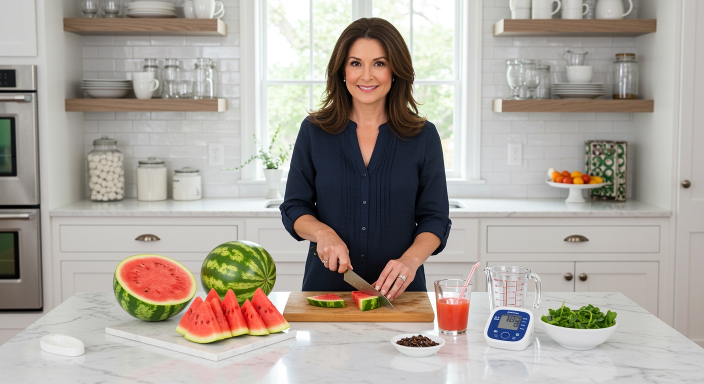 Woman slicing watermelon on marble counter with blood pressure monitor and juice glass in bright modern kitchen