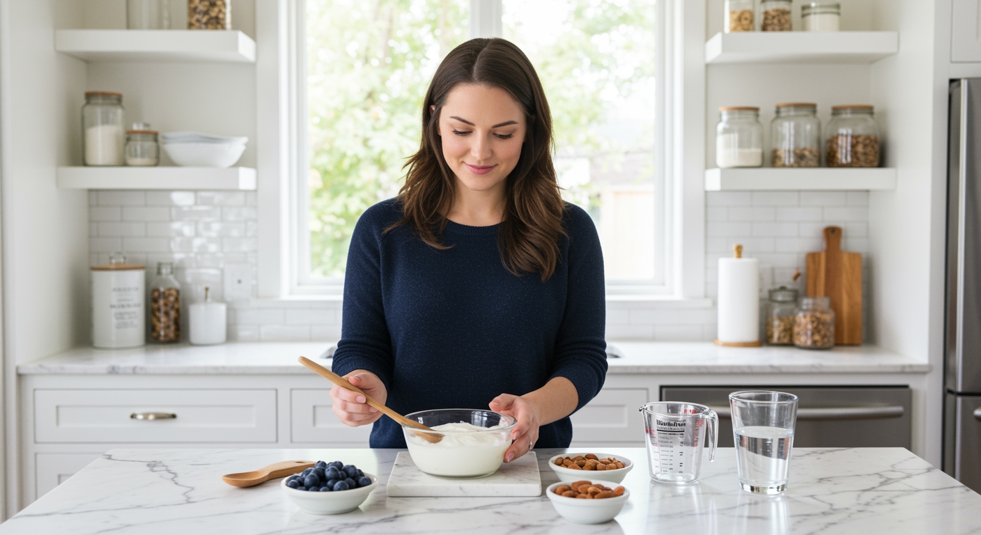 Woman arranging Greek yogurt bowl with blueberries and almonds on white marble countertop in bright modern kitchen