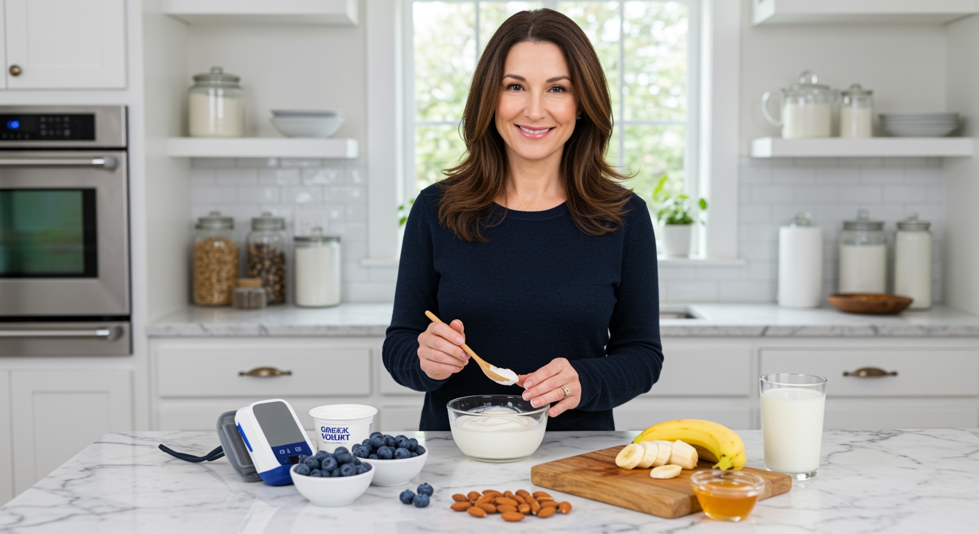 Middle-aged woman holding wooden spoon over Greek yogurt bowl with blood pressure monitor and healthy foods on marble counter