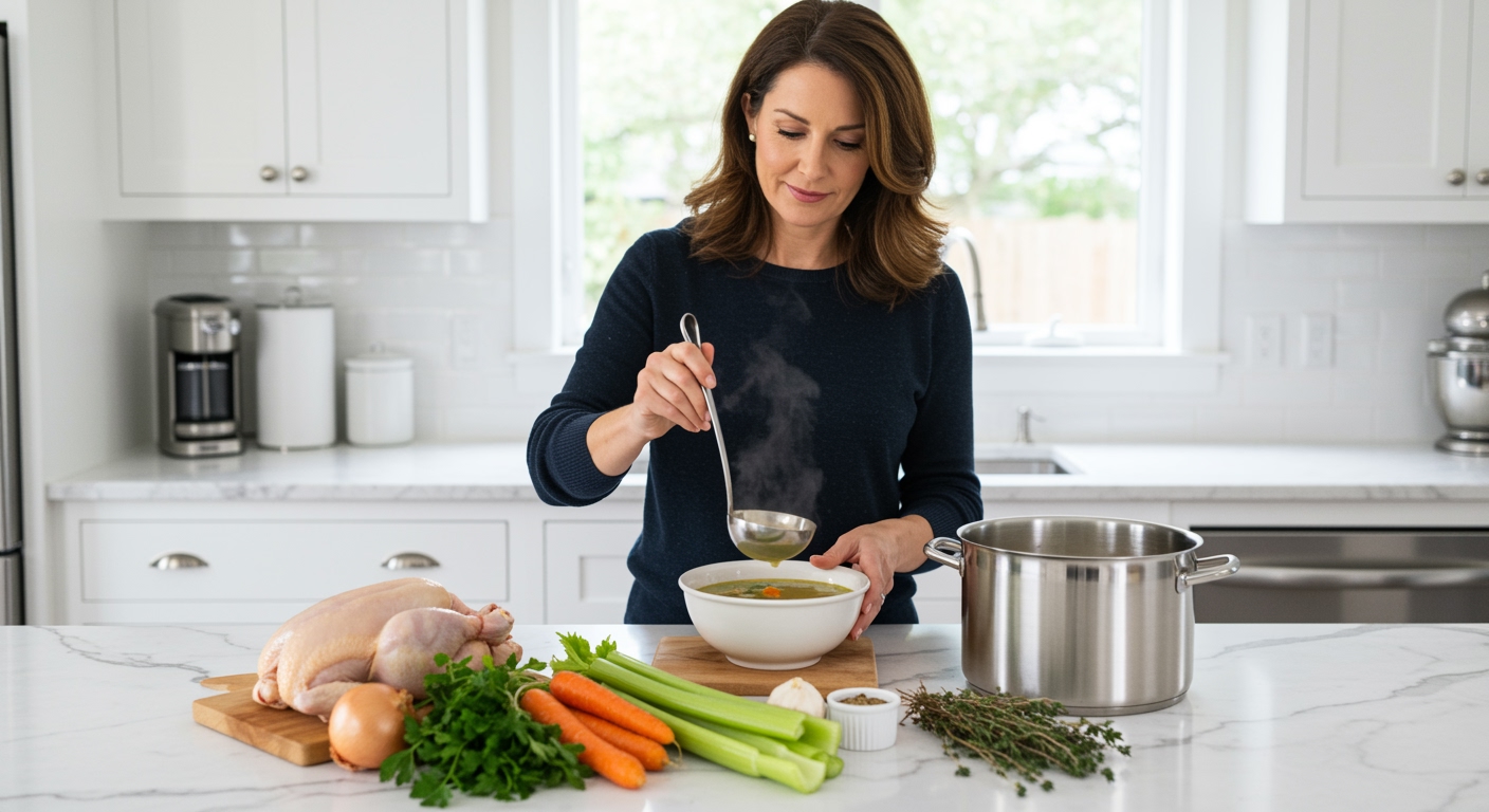 Woman ladling chicken soup into bowl with fresh vegetables and herbs arranged on marble countertop in bright kitchen