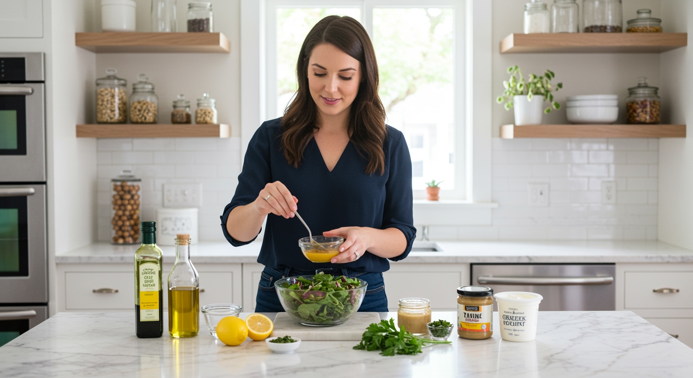 Young woman drizzling homemade dressing over fresh salad with healthy ingredients on white marble countertop in bright kitchen