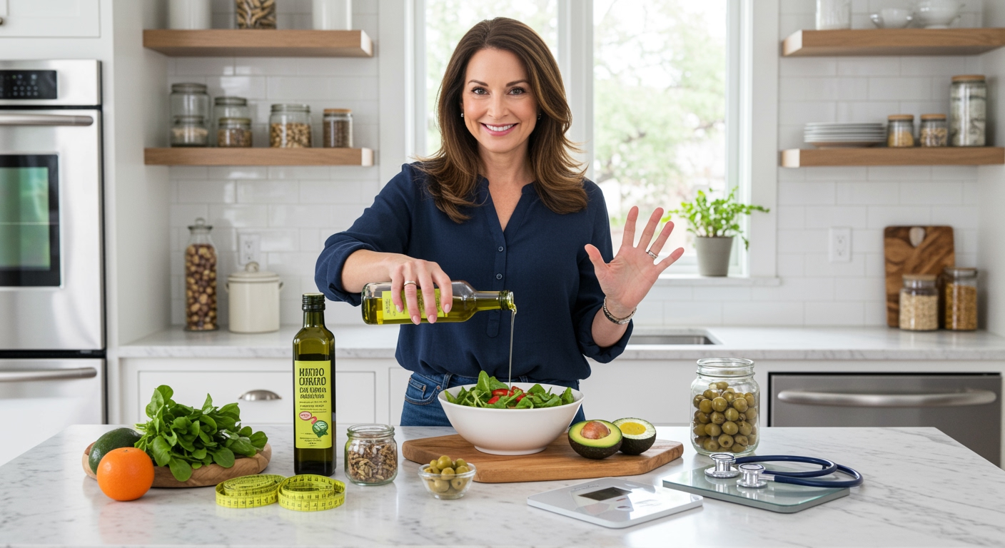 Middle-aged woman pouring olive oil into salad bowl on white marble counter with health monitoring tools and fresh food visible