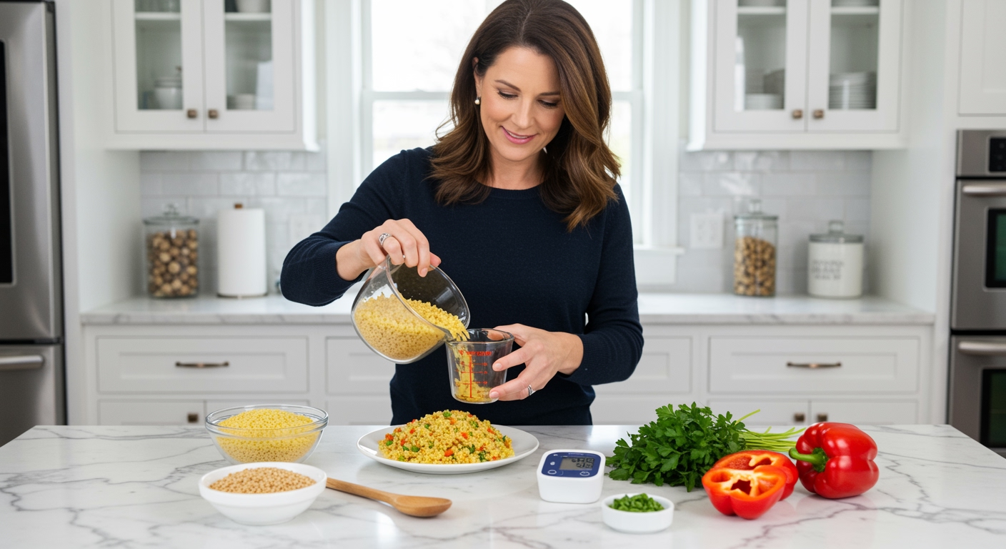Woman pouring cooked bulgur from bowl to measuring cup with blood pressure monitor and fresh ingredients on marble counter
