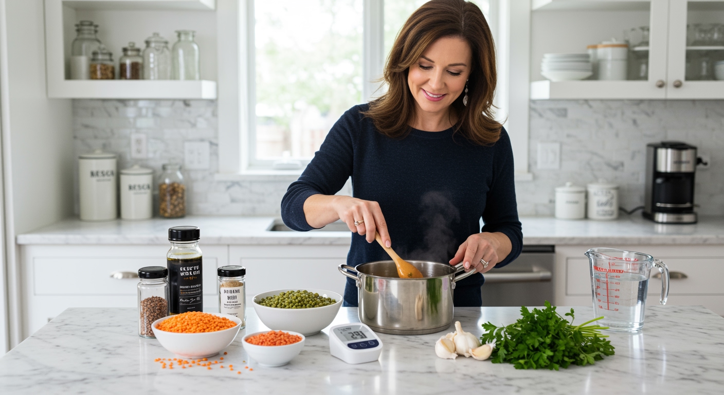 Middle-aged woman stirring lentils in pot with blood pressure monitor and cooking ingredients on marble countertop