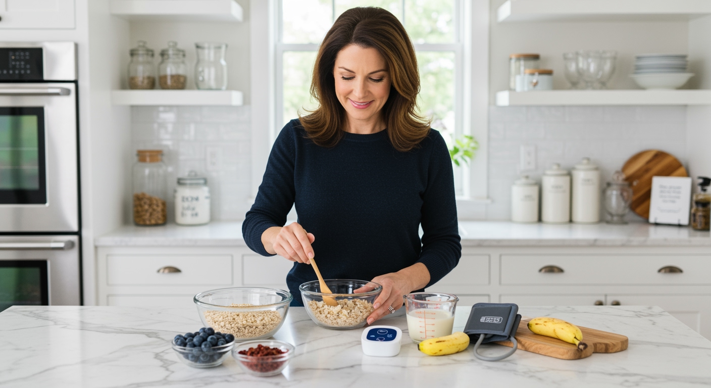 Middle-aged woman stirring oatmeal bowl with wooden spoon on marble counter with oats, fruits, and blood pressure monitor visible