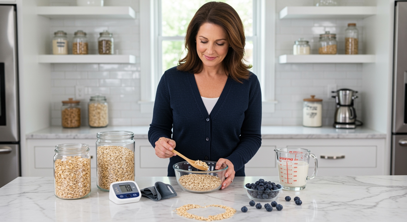 Middle-aged woman holding wooden spoon over oat bowl with blood pressure monitor and oat products on marble countertop