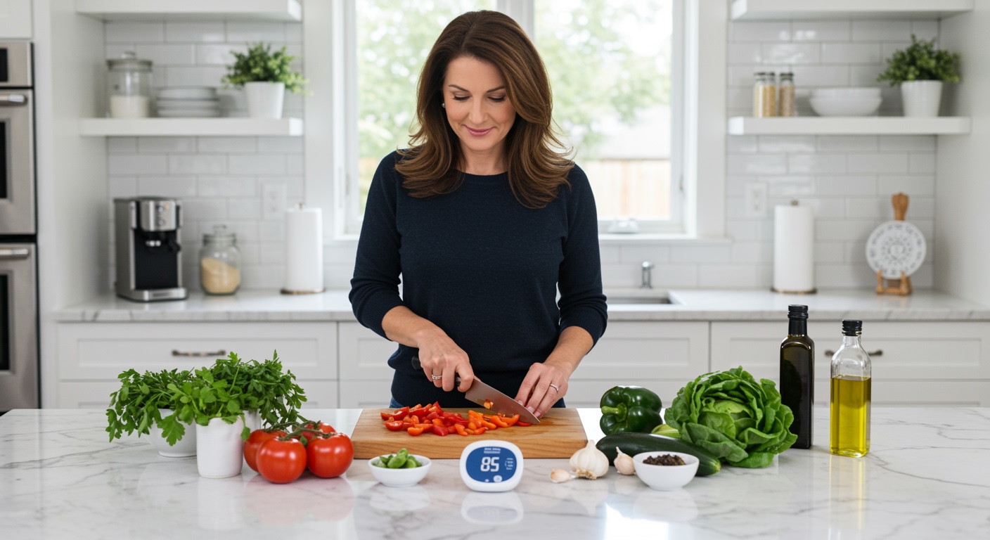 Middle-aged woman chopping colorful vegetables on marble countertop with blood pressure monitor and cooking ingredients visible