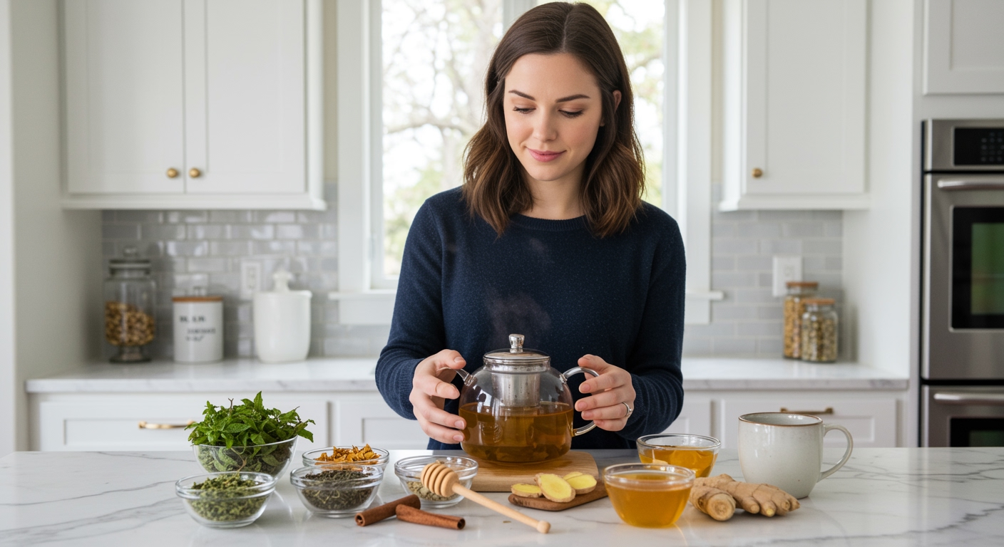 Woman arranging herbal tea ingredients including spearmint, green tea, and ginger on white marble countertop in bright kitchen