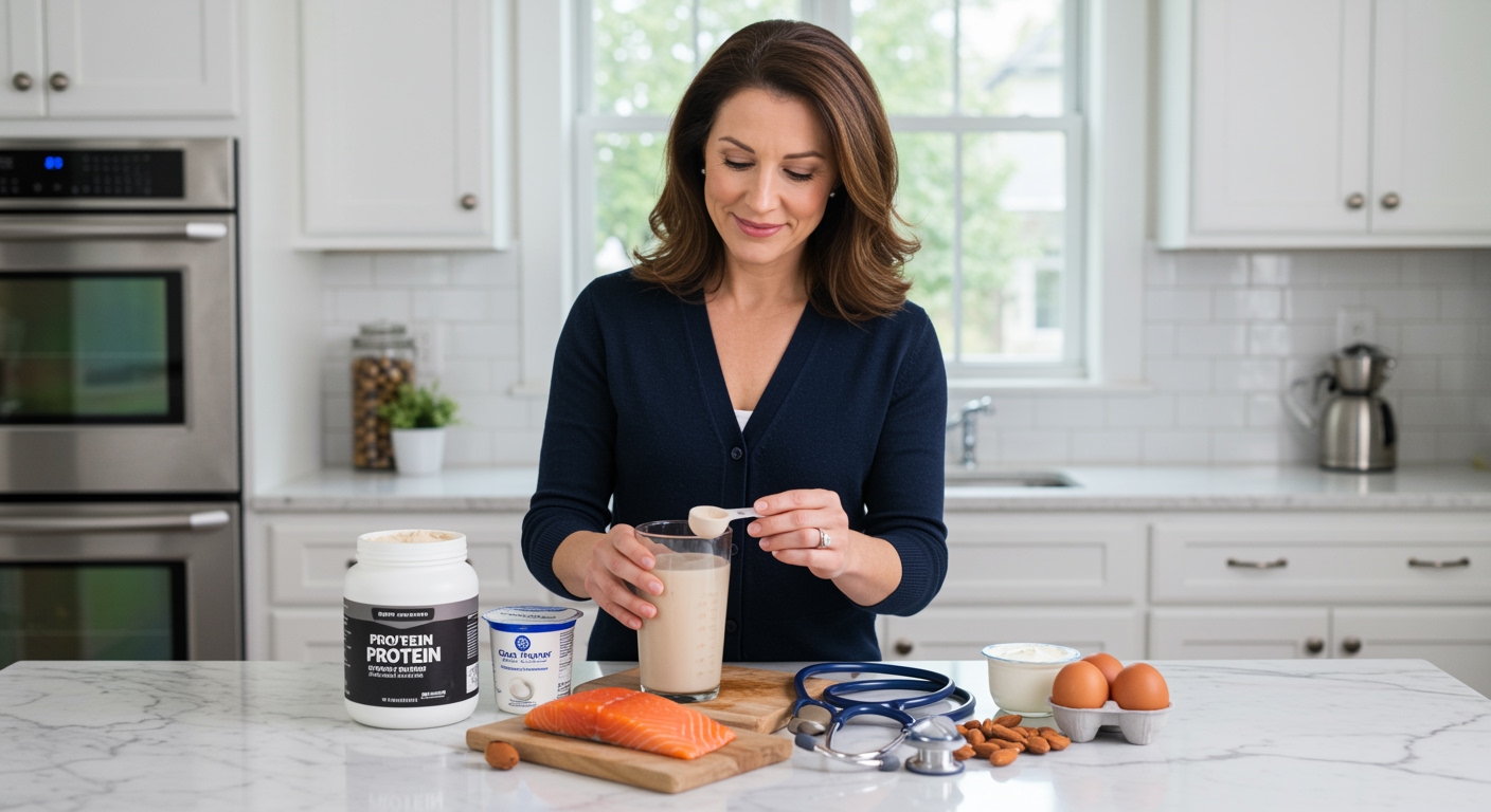 Woman examining protein shake with measuring spoon while standing behind marble counter with protein foods and medical equipment