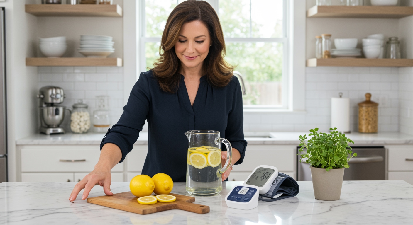 Middle-aged woman standing behind marble counter with lemon water pitcher, fresh lemons, and blood pressure monitor in bright kitchen