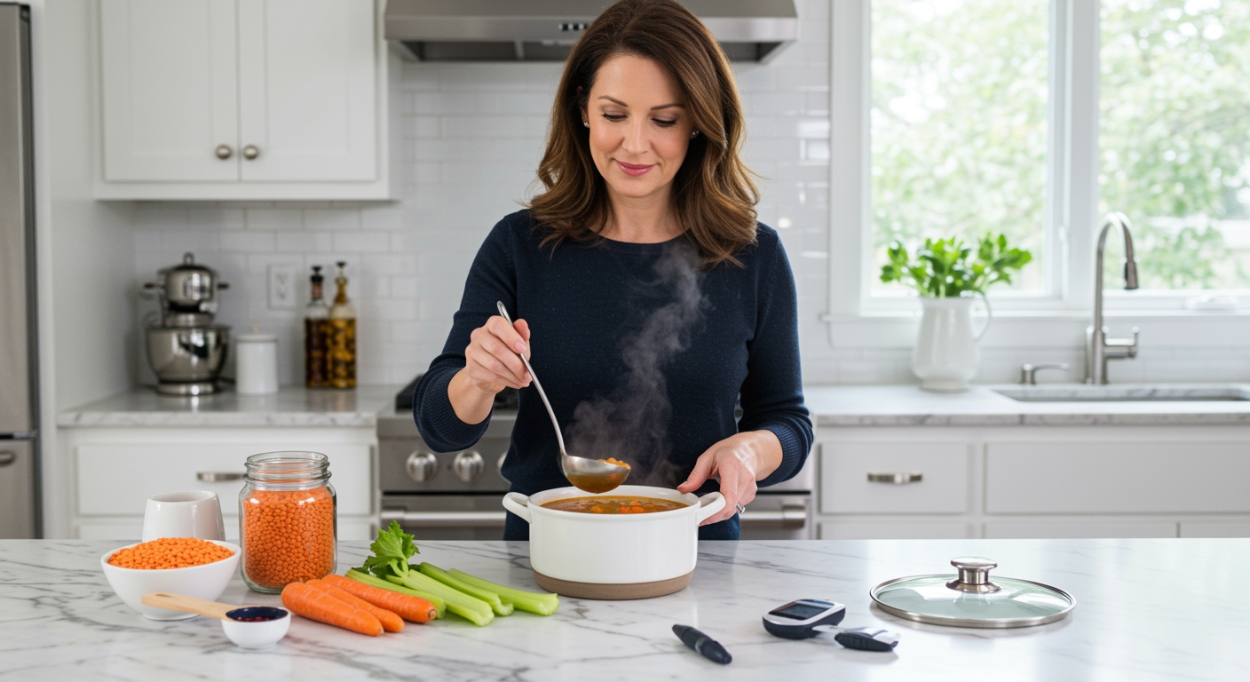 Woman ladling lentil soup into bowl with diabetes management tools and fresh vegetables on marble countertop