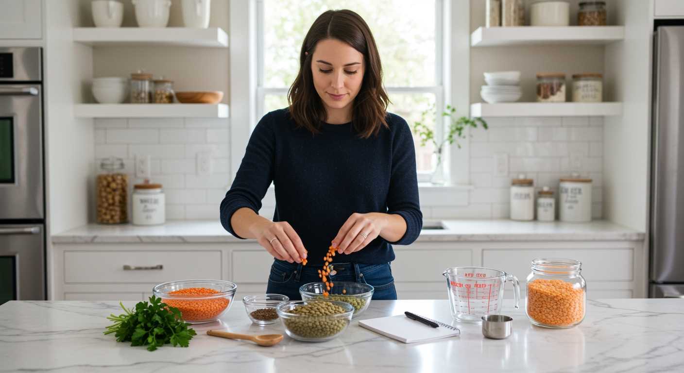 Woman pouring dried lentils between bowls on marble countertop with various lentil types and kitchen tools in bright modern kitchen