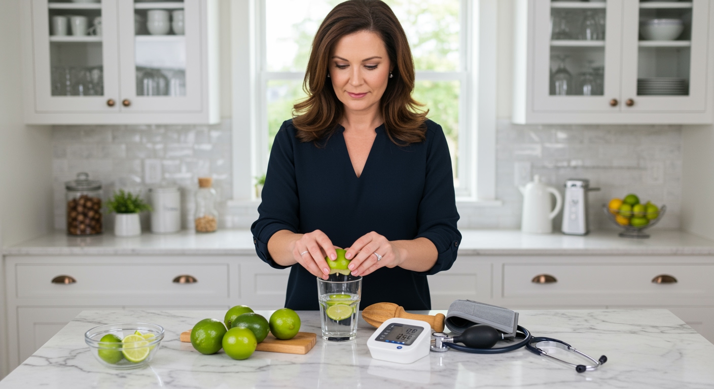 Woman squeezing lime into glass with blood pressure monitor and fresh limes arranged on white marble kitchen counter