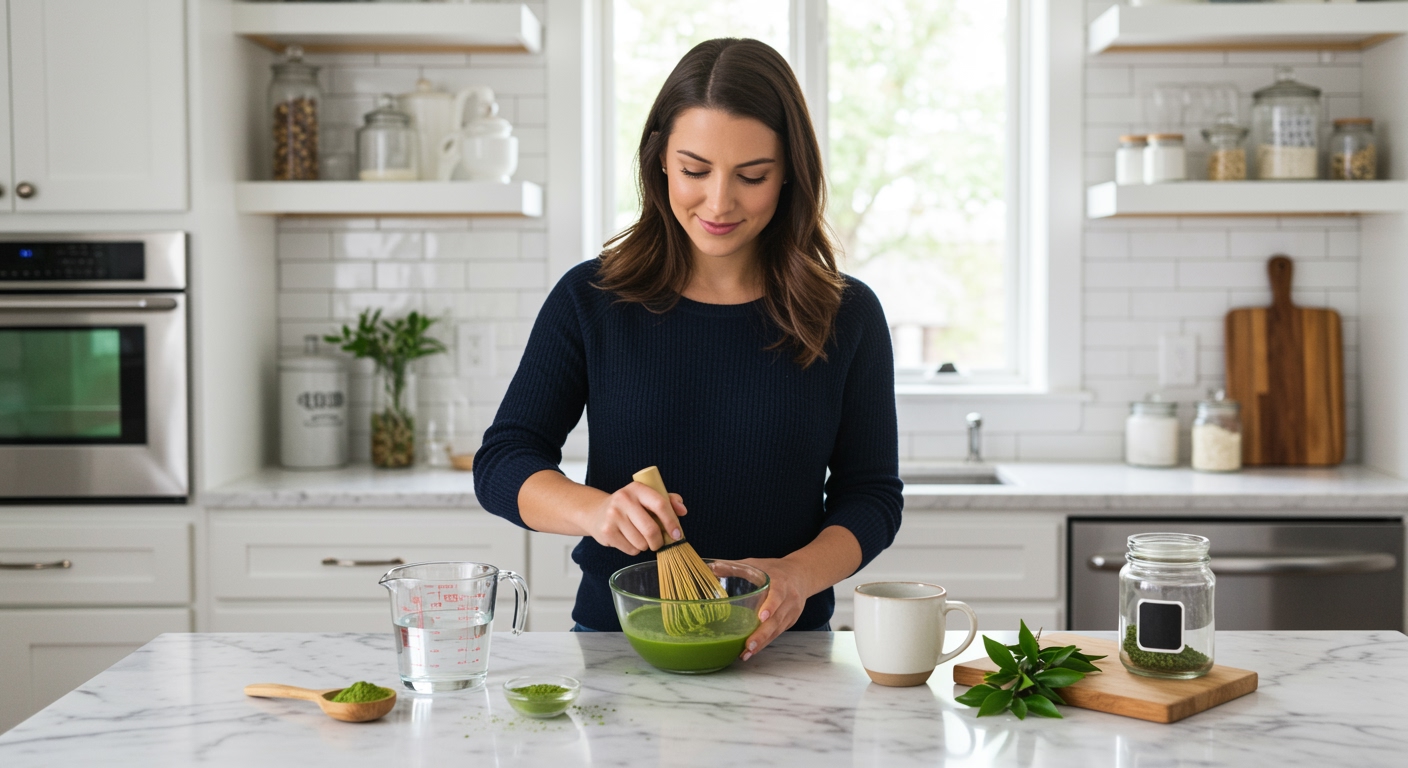 Young woman whisking matcha powder in glass bowl on marble countertop with traditional tea tools and ingredients arranged nearby