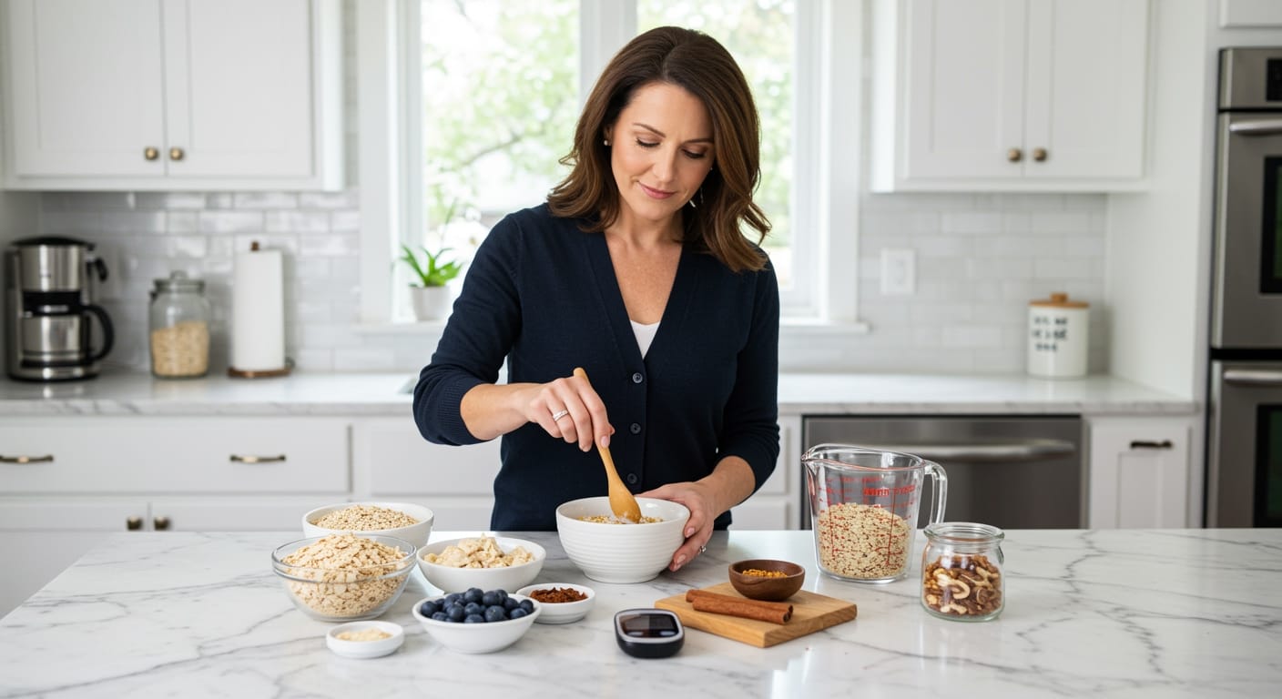 Middle-aged woman stirring oatmeal bowl on marble counter with glucose meter and various oat types displayed in modern kitchen
