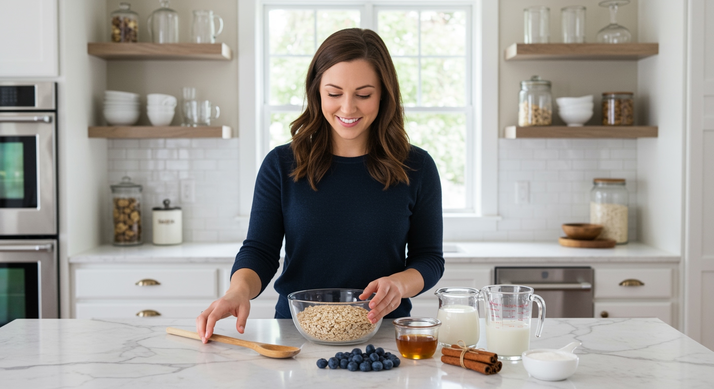 Young woman arranging oats, berries, honey, and cinnamon on white marble countertop in bright modern kitchen setting