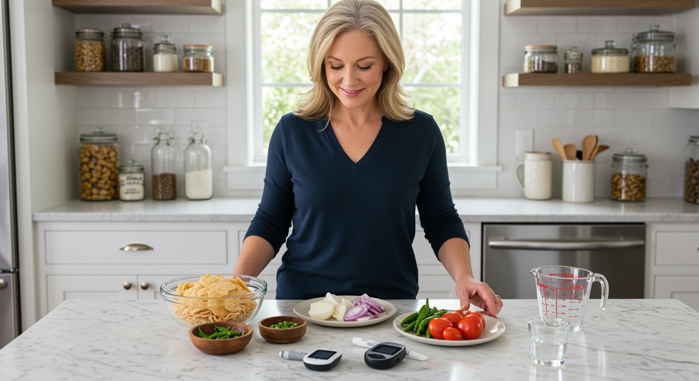 Middle-aged woman arranging flattened rice, vegetables, and glucose meter on white marble countertop in bright modern kitchen