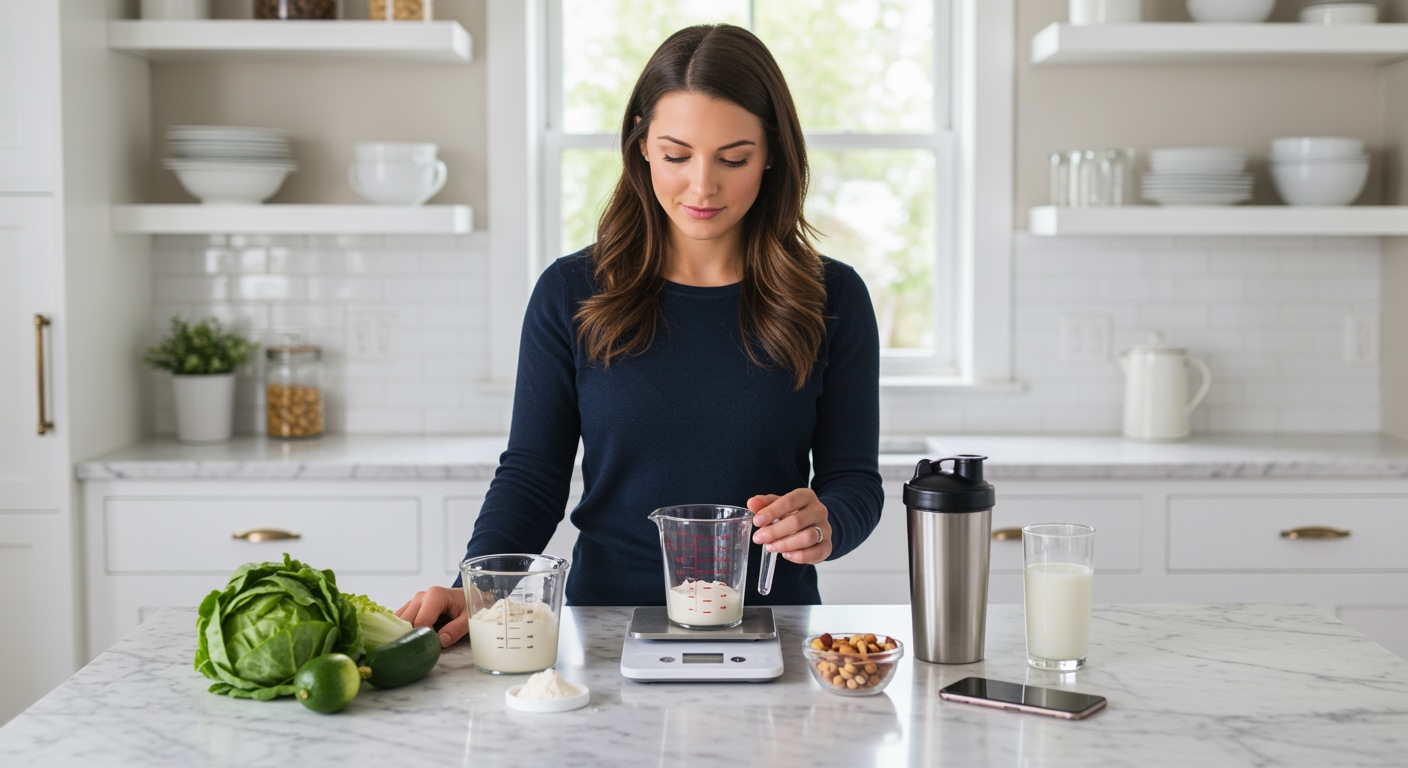 Young woman standing behind marble counter with protein powder, measuring tools, and healthy foods in bright modern kitchen