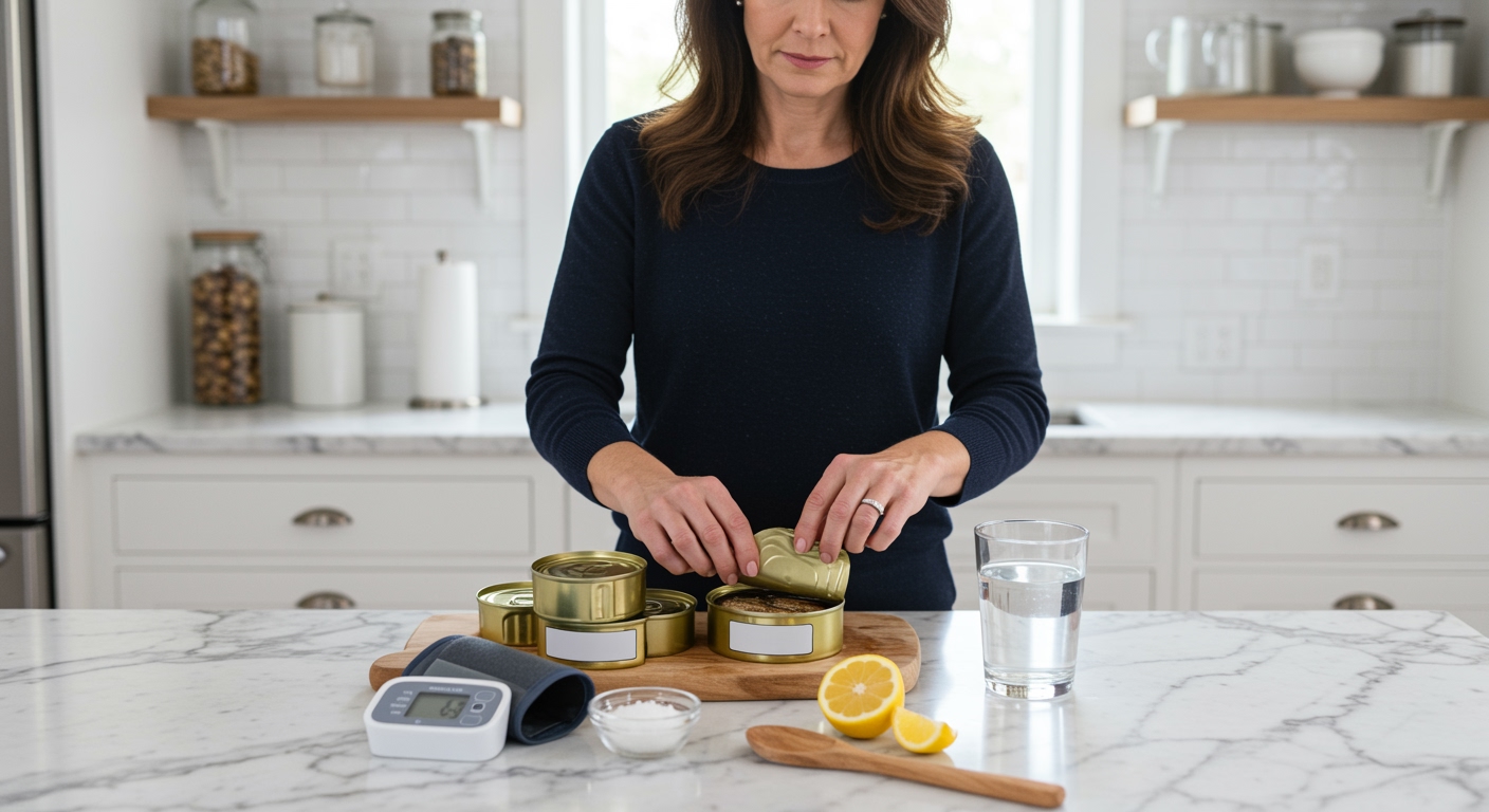 Woman opening sardine can on marble countertop with blood pressure monitor and healthy ingredients in bright kitchen