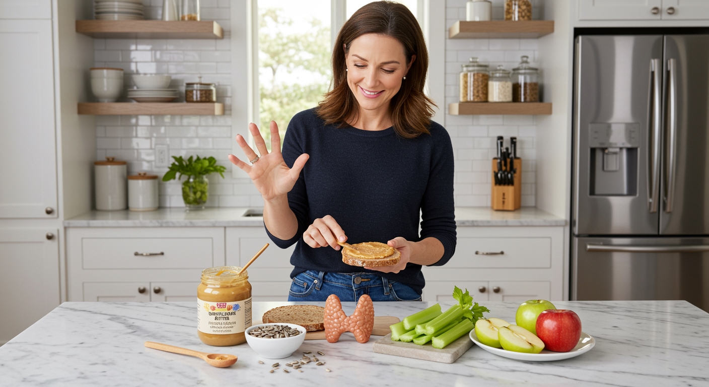 Woman spreading sunflower butter on bread at marble counter with thyroid model, sunflower seeds, and healthy snacks visible