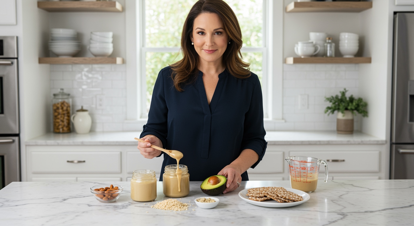 Middle-aged woman arranging tahini jar, sesame seeds, nuts, and healthy snacks on white marble countertop in bright kitchen