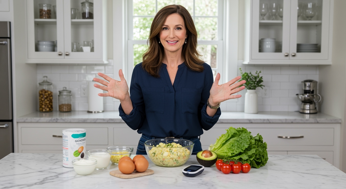 Middle-aged woman standing behind marble counter gesturing toward egg salad bowl with eggs, avocado, yogurt, and vegetables in bright kitchen