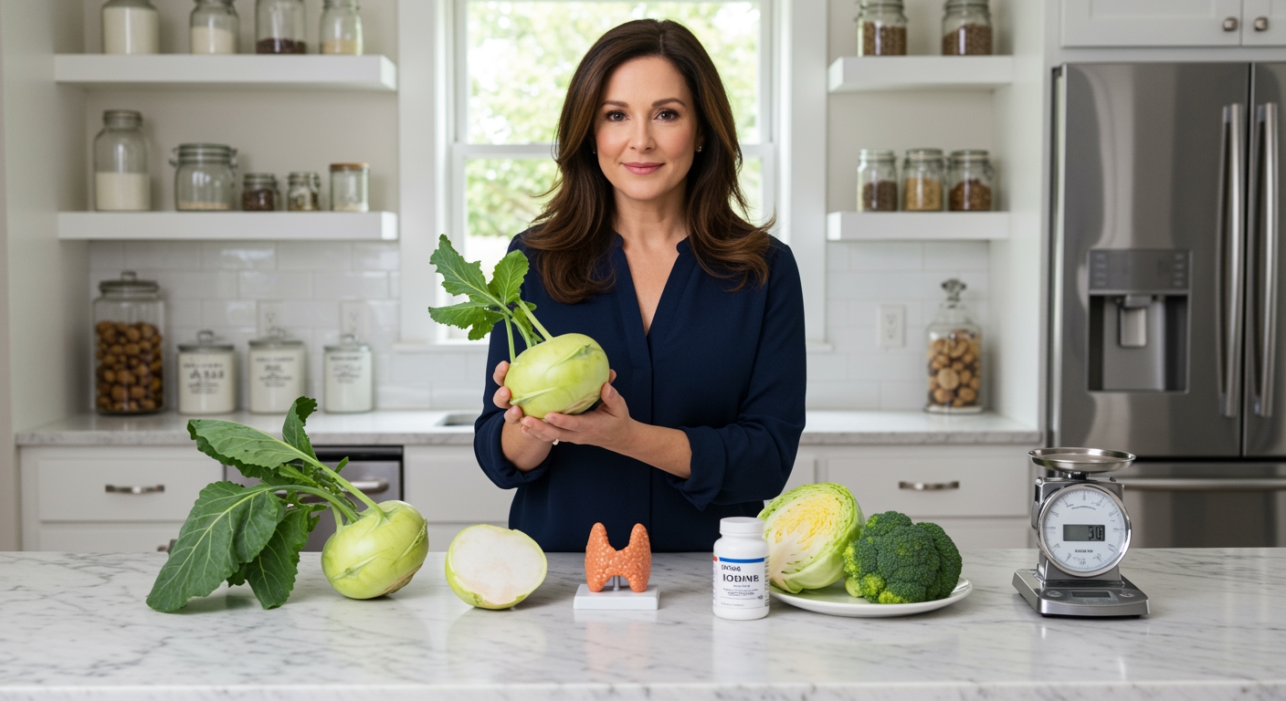 Woman holding fresh kohlrabi behind white marble counter with thyroid model, cruciferous vegetables, and supplements in bright kitchen