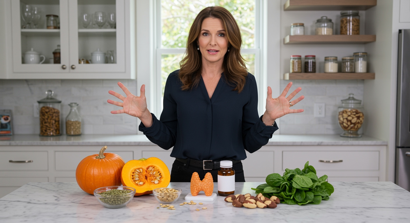 Woman gesturing toward whole pumpkin, pumpkin seeds, thyroid model, and nutritious foods on white marble kitchen counter.