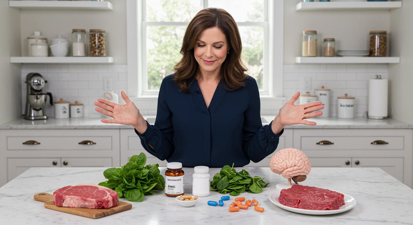 Woman standing behind marble counter displaying raw steak, vitamin supplements, brain model, and gut bacteria illustrations in bright kitchen