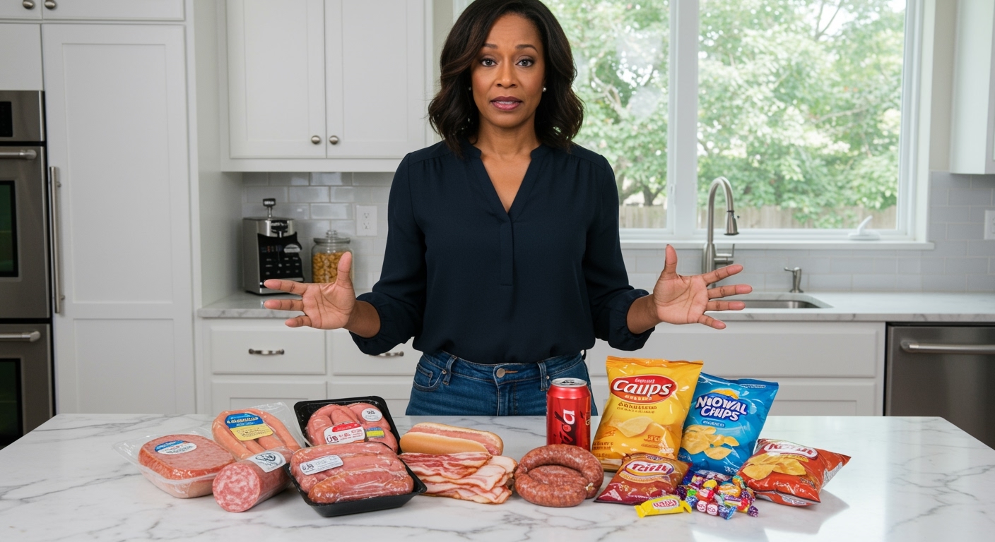 African American woman standing behind marble counter displaying processed meats, snacks, and sugary drinks in bright modern kitchen