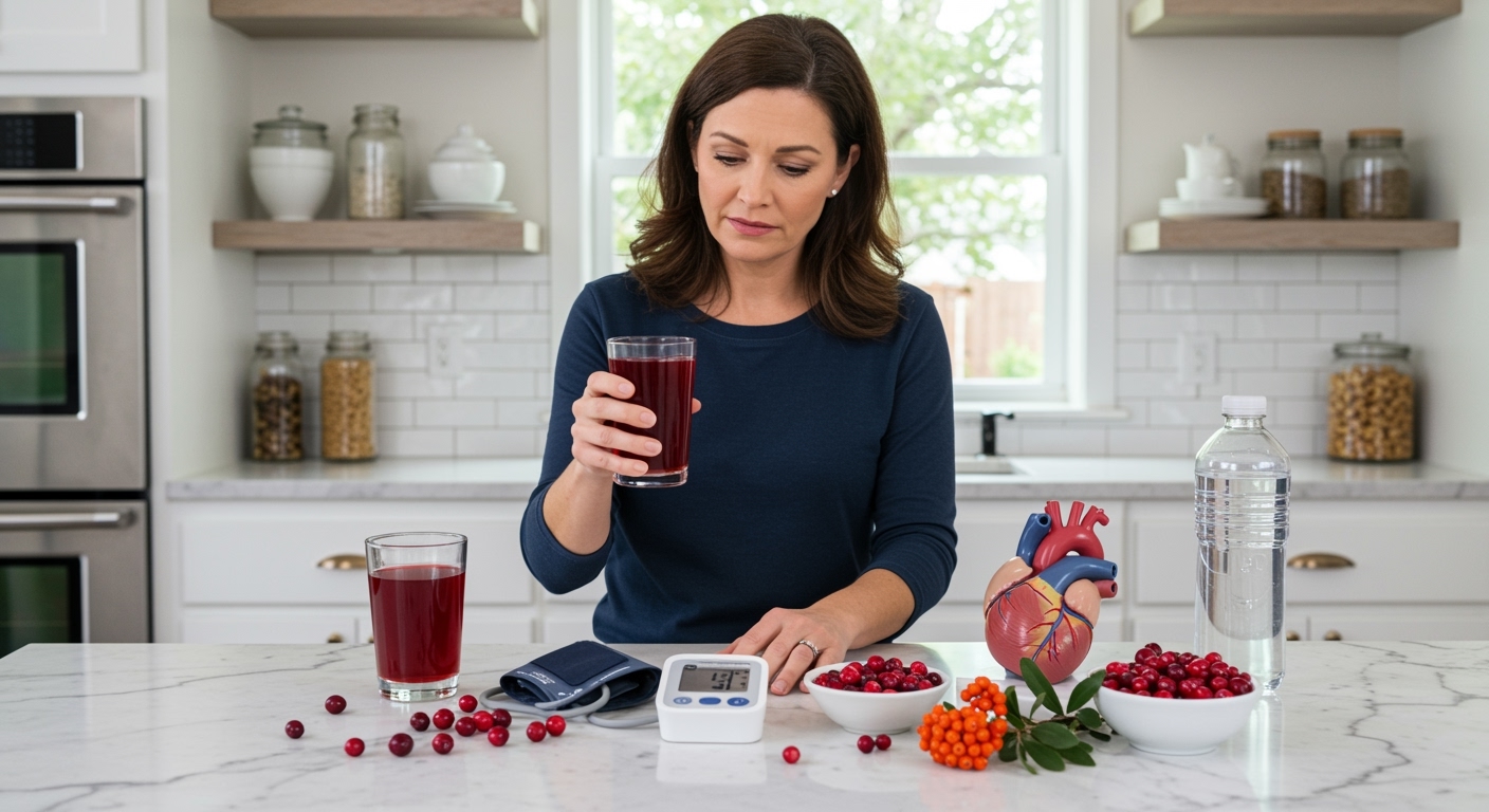 Woman holding cranberry juice glass while standing near blood pressure monitor with fresh cranberries on marble countertop