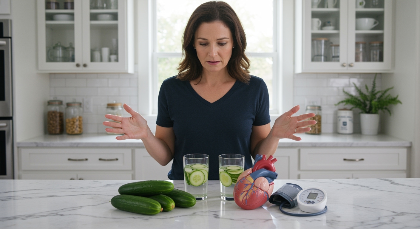 Woman standing behind marble counter with cucumbers, cucumber water, heart model, and blood pressure monitor in bright kitchen
