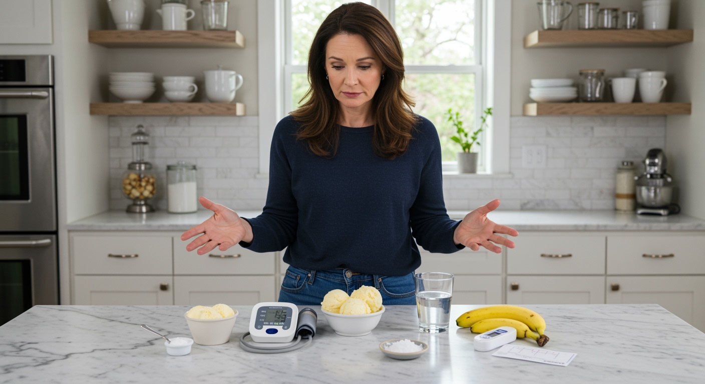 Woman standing behind marble counter with ice cream bowl, blood pressure monitor, water glass, salt, banana, and medical chart.