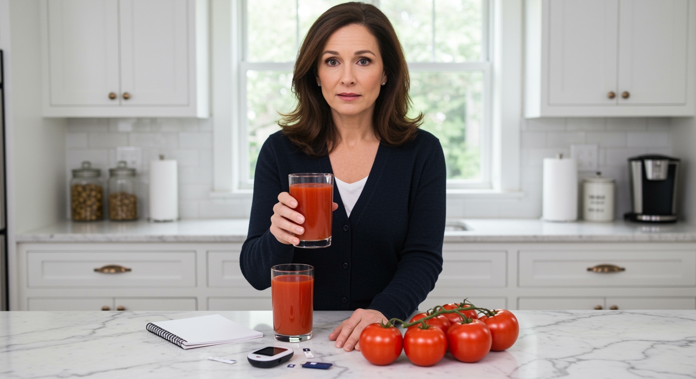 Middle-aged woman holding tomato juice glass with fresh tomatoes and blood glucose meter on white marble kitchen counter