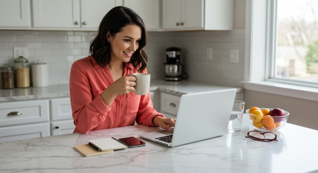 Young woman in coral blouse reading laptop screen while holding coffee mug at marble counter with fruit bowl and notebook in bright kitchen
