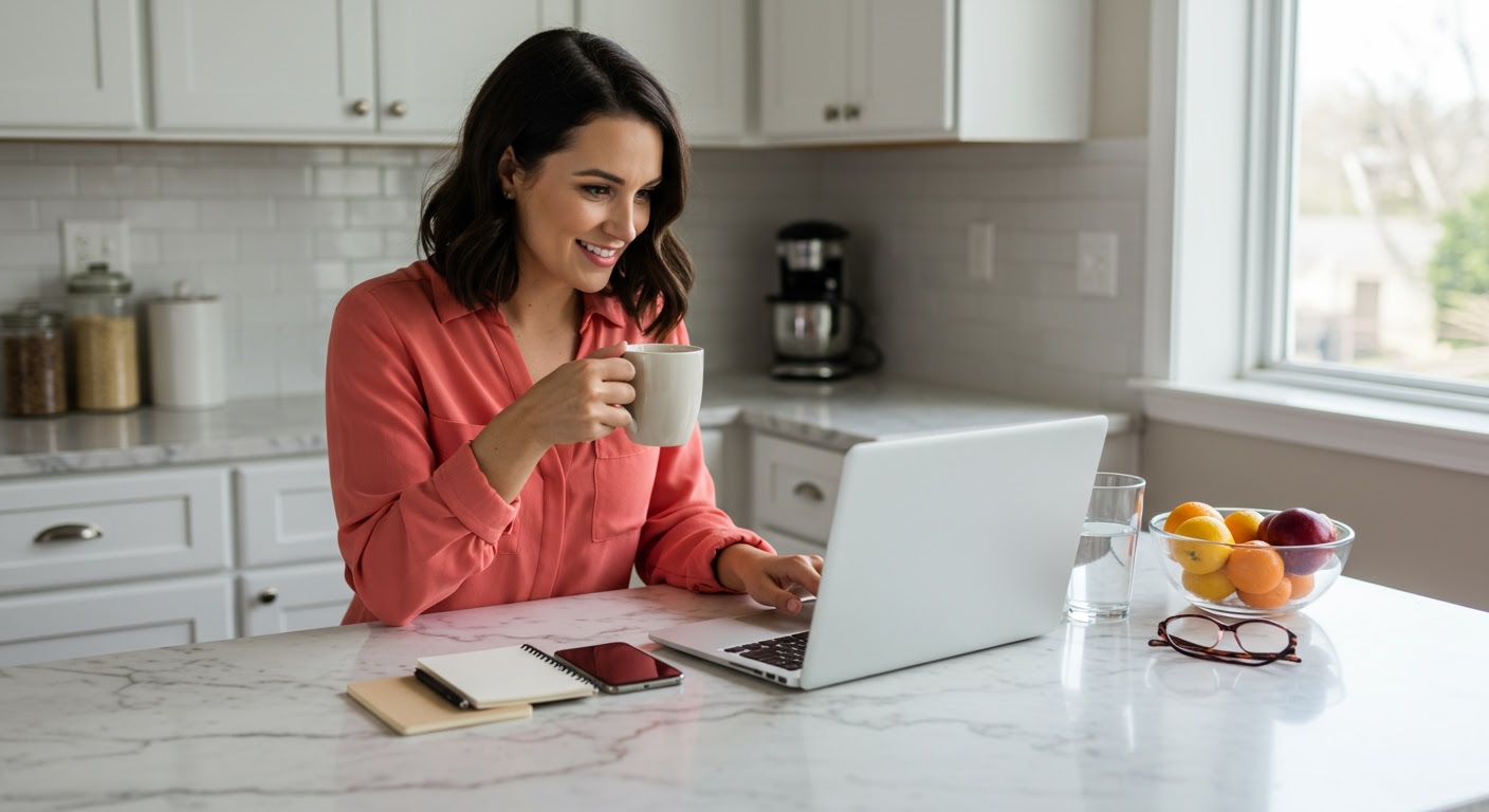 Young woman in coral blouse reading laptop screen while holding coffee mug at marble counter with fruit bowl and notebook in bright kitchen