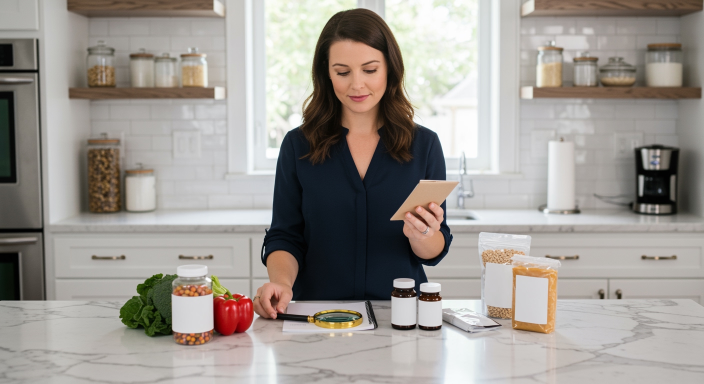 Woman examining food product labels on marble countertop with various packaged foods and fresh vegetables in modern kitchen
