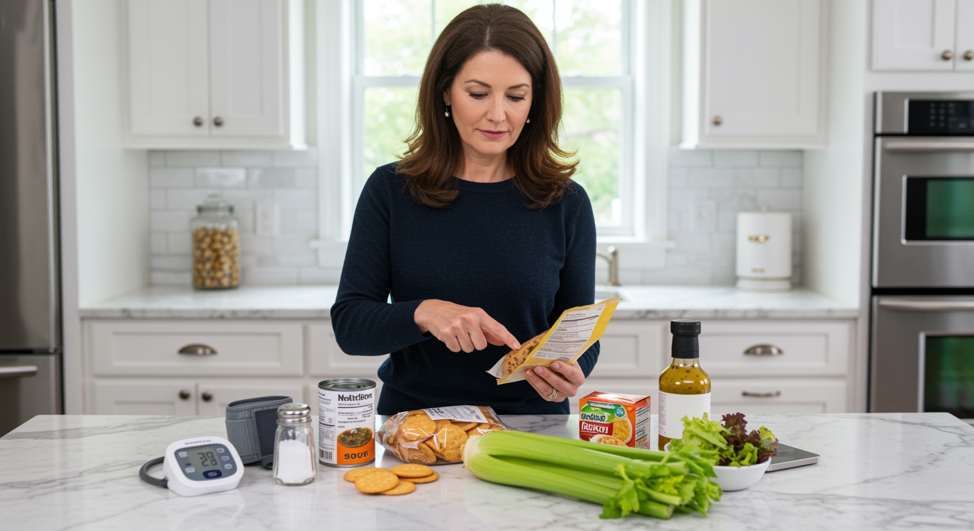 Woman pointing at nutrition label on food package with blood pressure monitor and various food items on kitchen counter