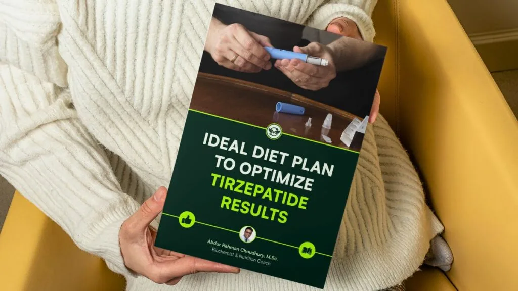 Person in cream sweater holding Tirzepatide diet optimization ebook while relaxing on yellow chair
