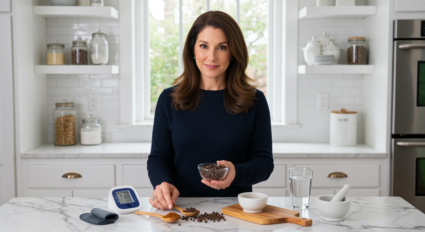 Woman holding allspice berries behind marble counter with blood pressure monitor and spice-related items in modern kitchen