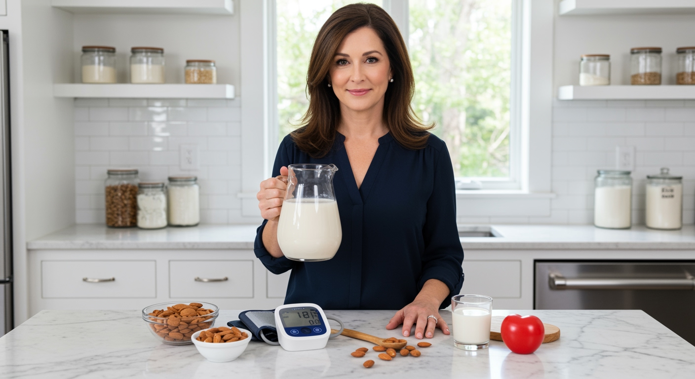 Middle-aged woman holding almond milk pitcher with blood pressure monitor and almonds on marble counter in modern kitchen