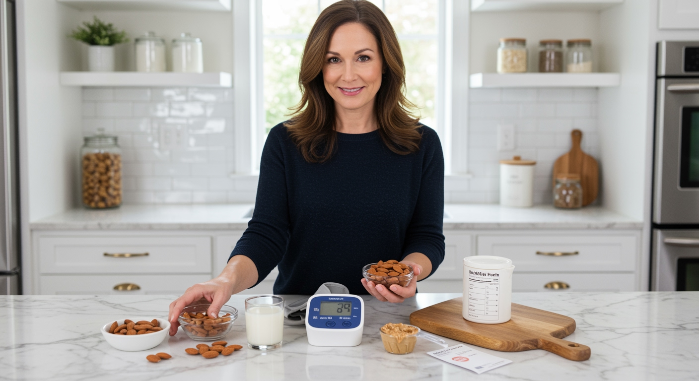 Woman holding bowl of almonds standing behind marble countertop with blood pressure monitor and heart-healthy foods visible