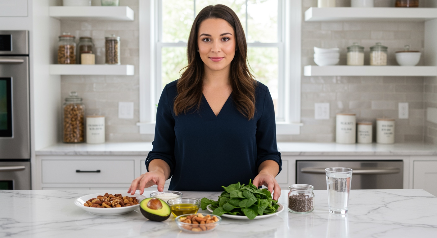 Woman standing behind marble counter with halved avocados, nuts, spinach, and healthy foods in bright modern kitchen