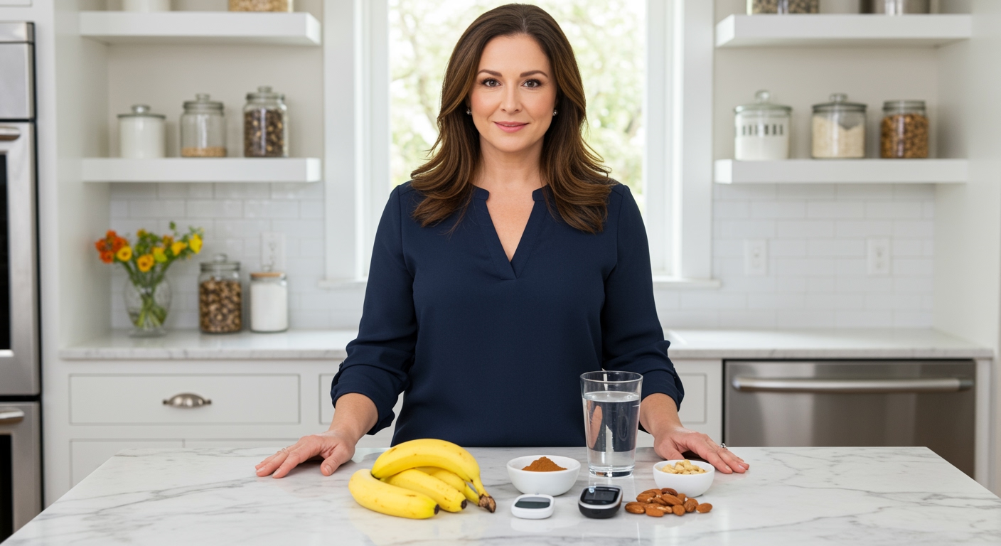 Woman standing behind marble counter with bananas, nuts, cinnamon, water glass, and glucose meter in bright modern kitchen